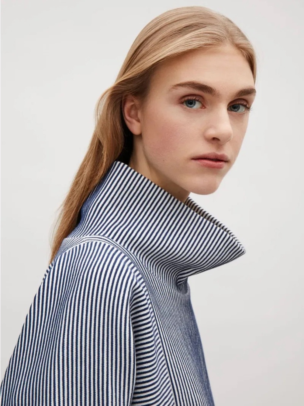 COS • High-Neck Ribbed Top in Navy/White - Picture 3 of 12
